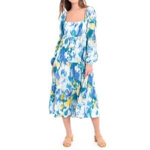 DONNA MORGAN Linen Floral Midi Dress 10 Puff Sleeve Square Neck Bohemian Prairie